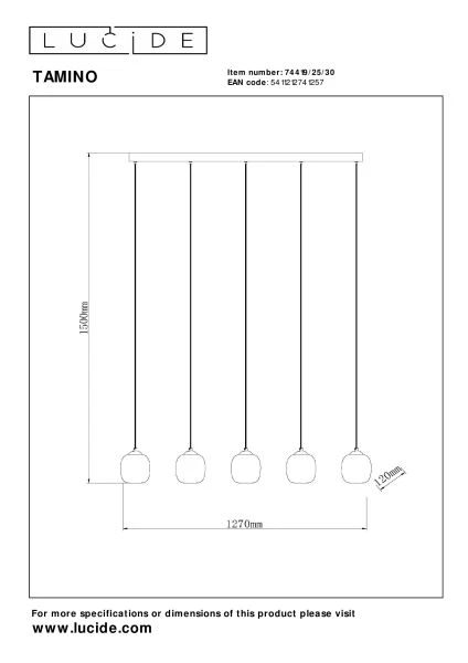 Lucide TAMINO - Suspension - LED Dim. - 5x5,6W 3000K - Noir - technique